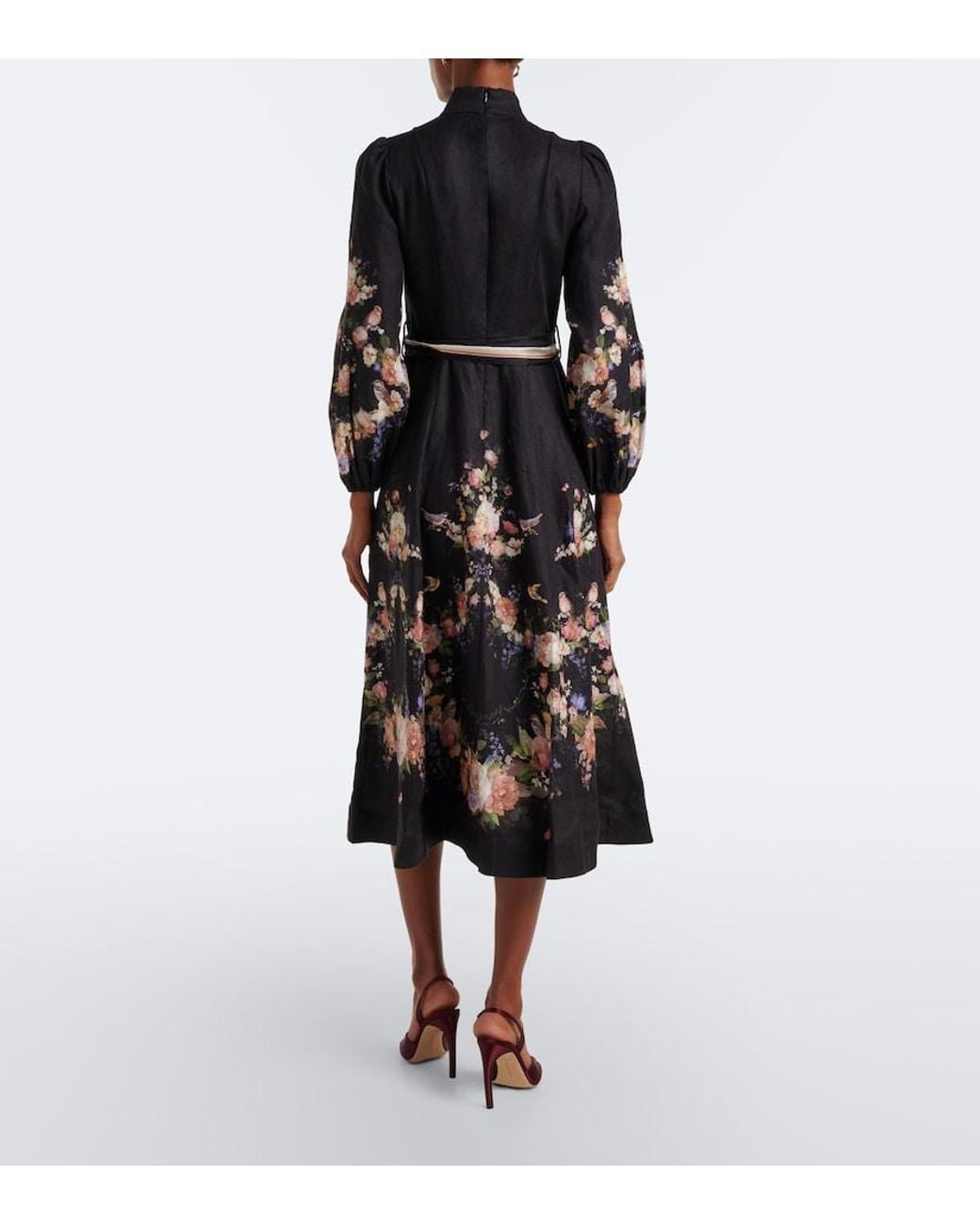Zimmermann Black Valiant Belted Floral Linen Midi Dress