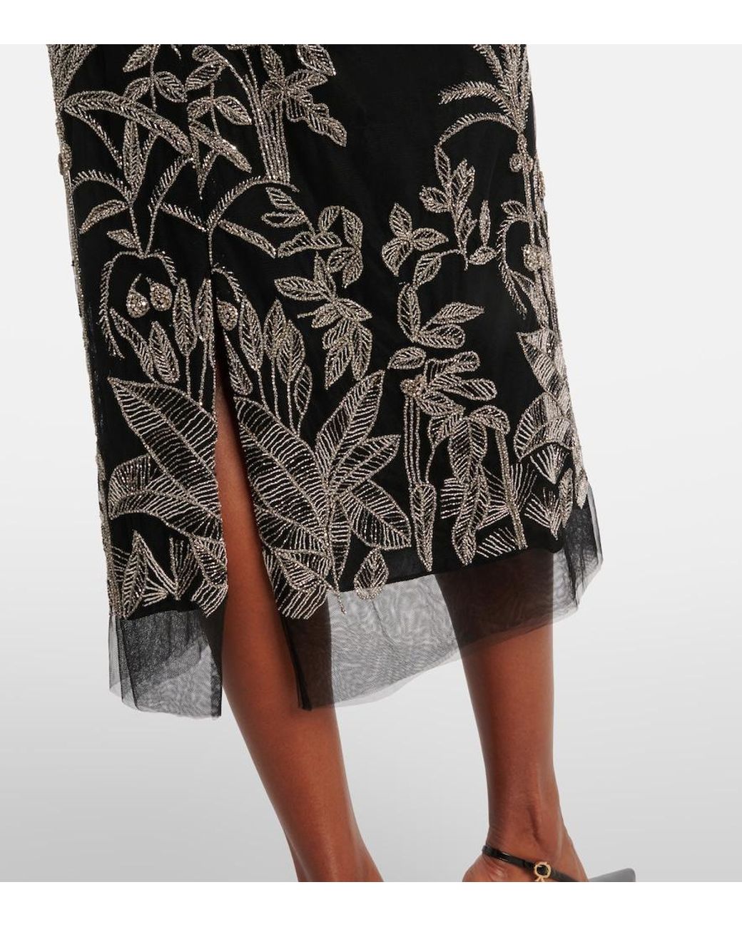 Costarellos Black Leyla Beaded Tulle Midi Skirt