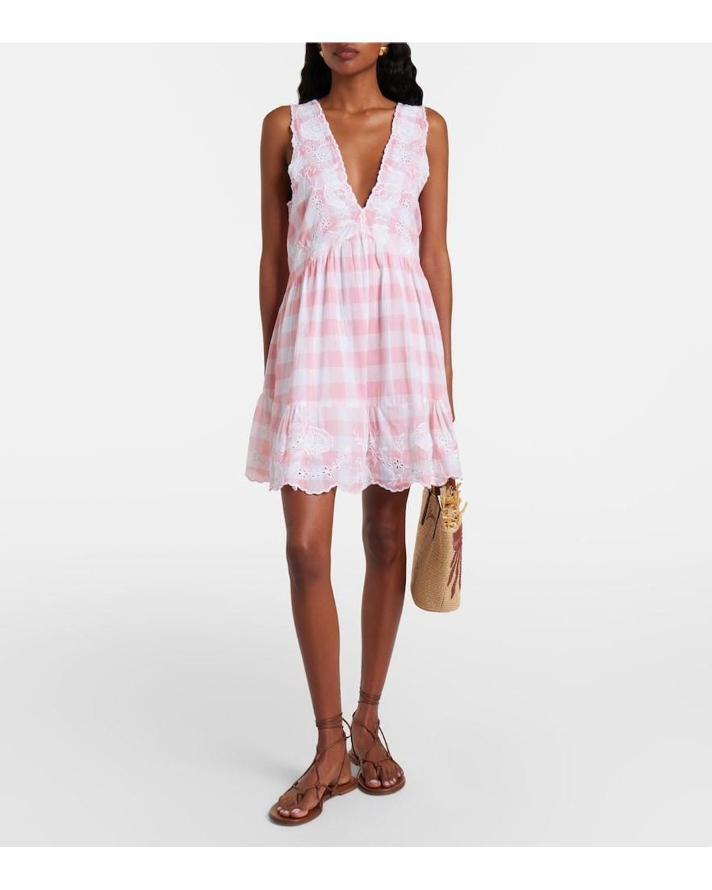Juliet Dunn Pink Broderie Anglaise Checked Cotton Poplin Minidress