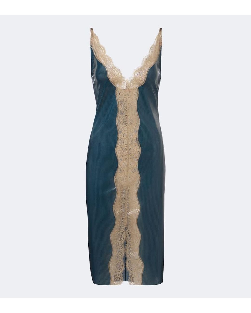 Saint Laurent Blue Lace-Trimmed Silk Midi Dress