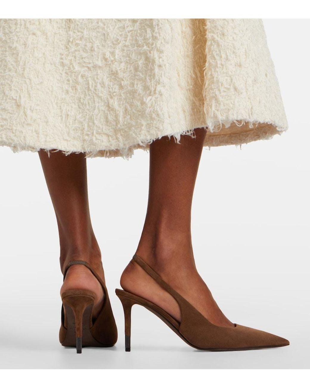Brunello Cucinelli Brown Monili Suede Slingback Pumps