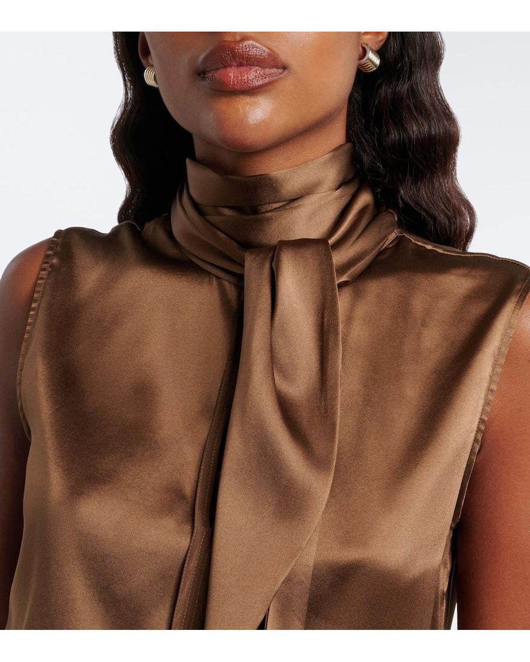 Dorothee Schumacher Brown Sense Of Shine Tie-Neck Silk-Blend Satin Top
