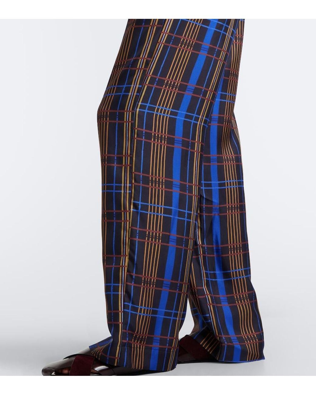 Asceno Blue Aurelia Plaid Silk Twill Wide-Leg Pants