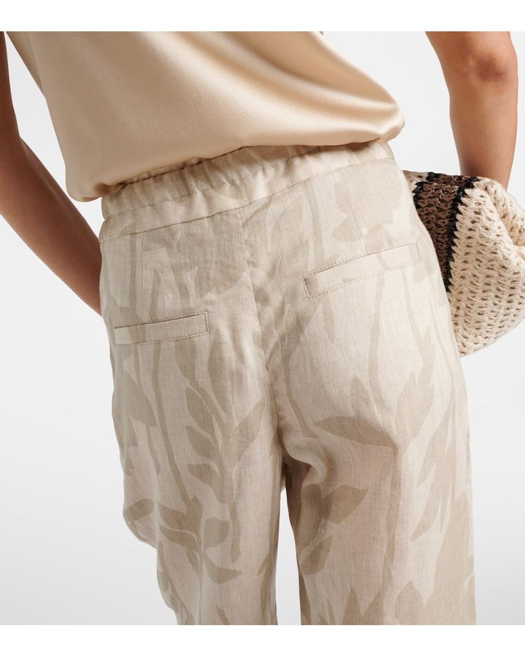 Brunello Cucinelli Natural Printed Linen Tapered Pants