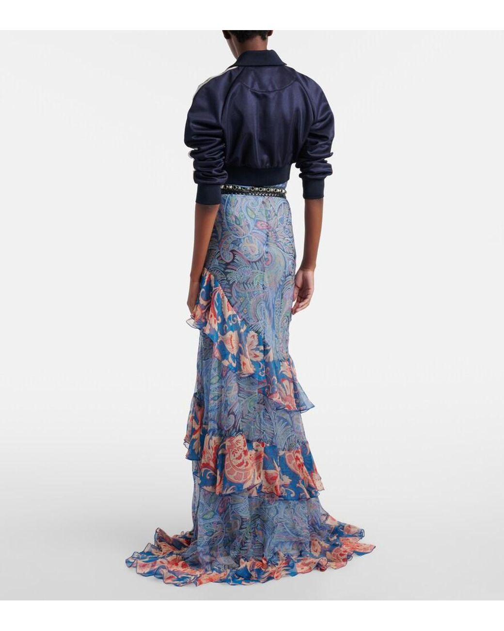 Etro Blue Paisley Floral Tiered Silk Chiffon Maxi Dress