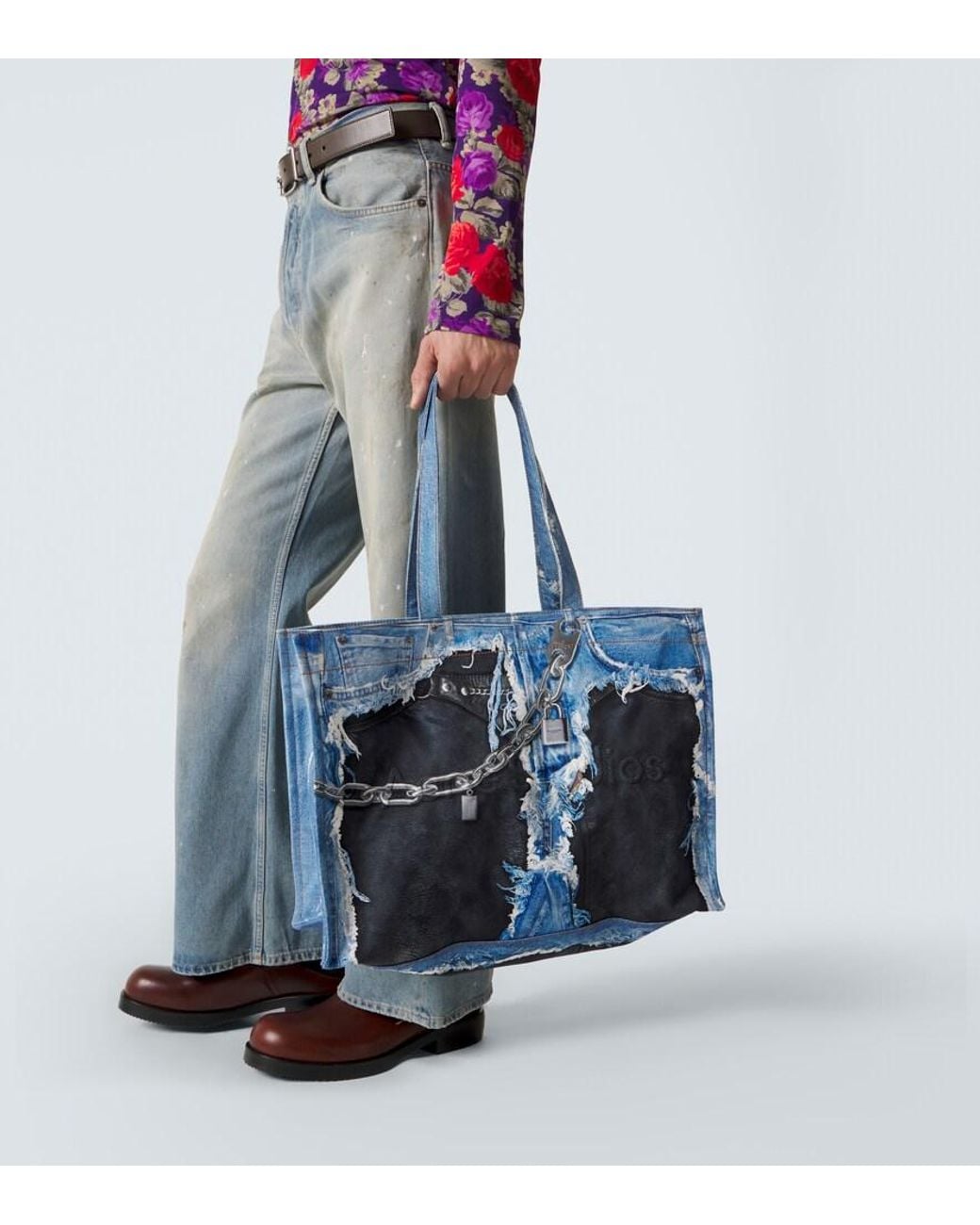 Acne Blue Trompe-L'Oil Printed Canvas Tote Bag for men