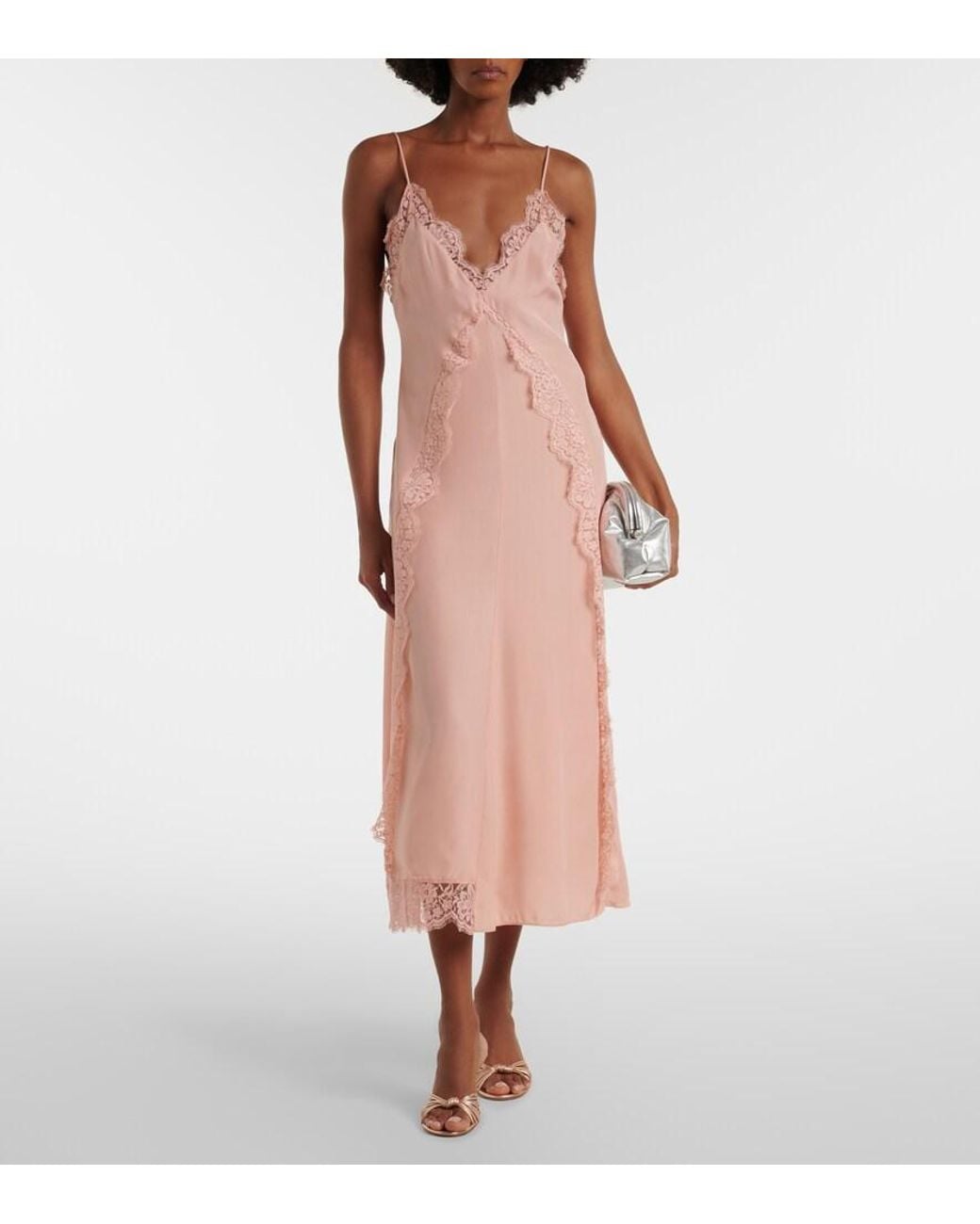 Stella McCartney Pink Lace-Trimmed Silk Midi Dress