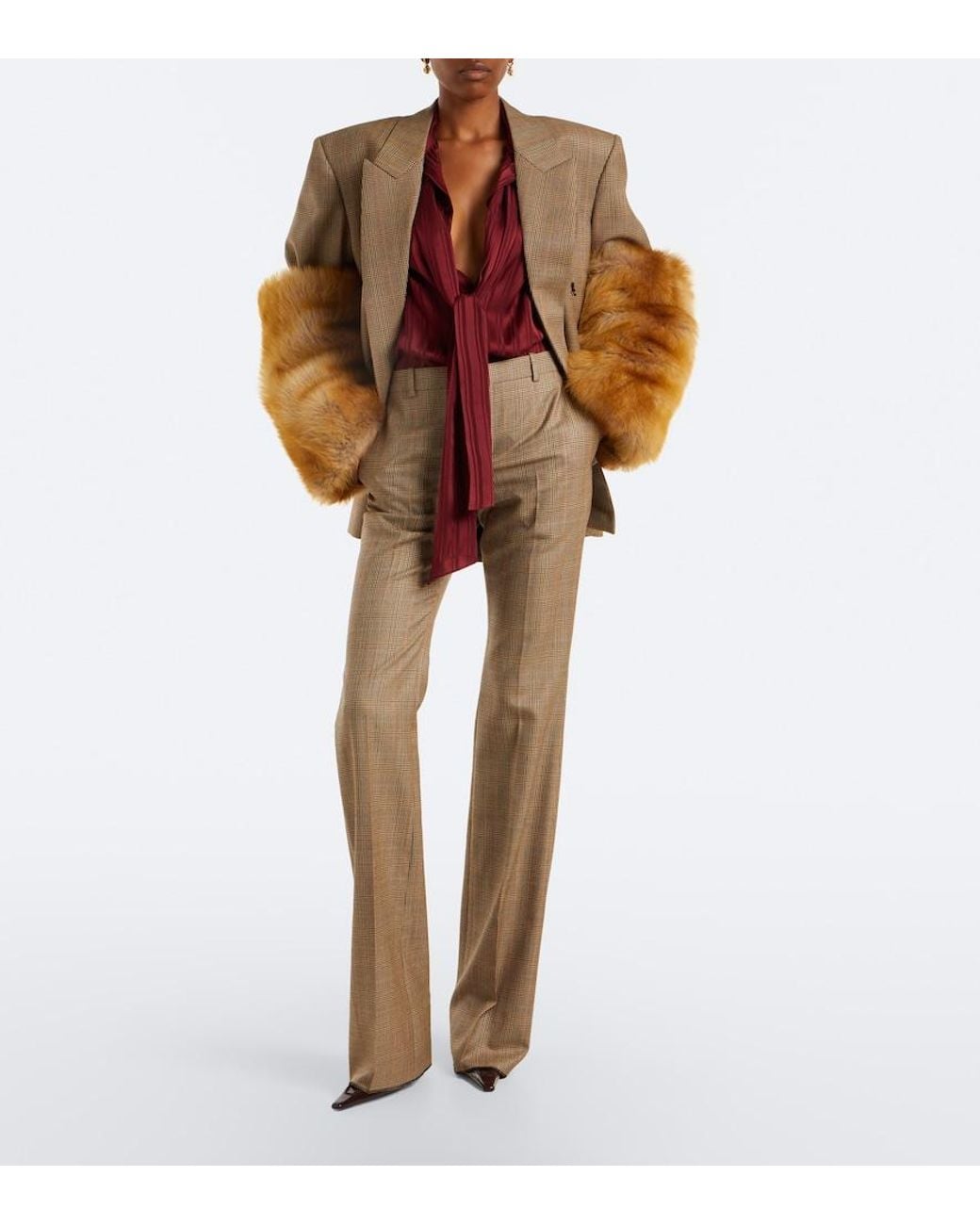 Saint Laurent Gray Prince Of Wales Check Wool Flared Pants