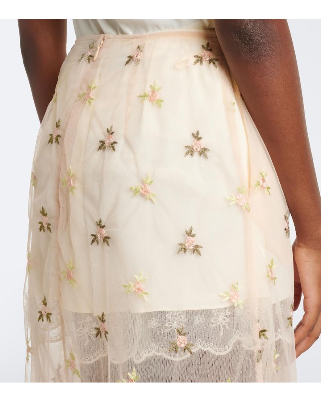 Simone Rocha Natural Embroidered Tulle Midi Skirt
