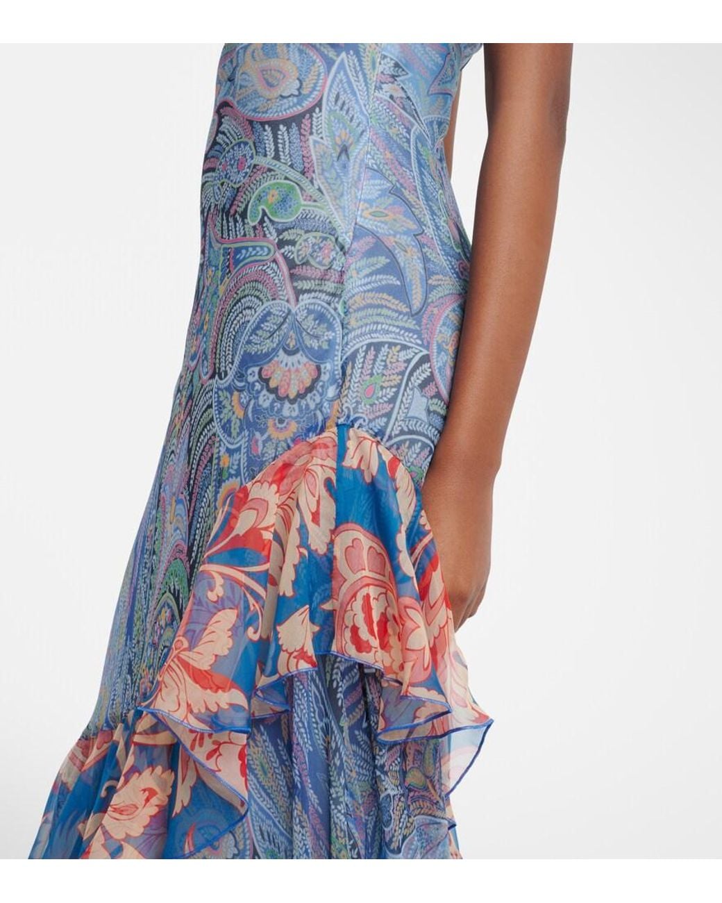 Etro Blue Paisley Floral Tiered Silk Chiffon Maxi Dress