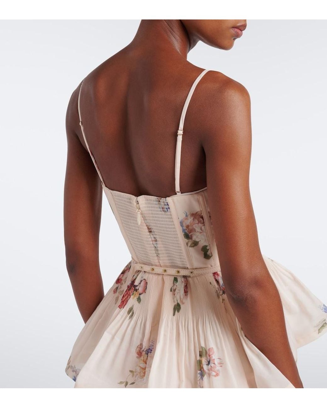 Zimmermann Natural Floral Pleated Tiered Bustier Dress