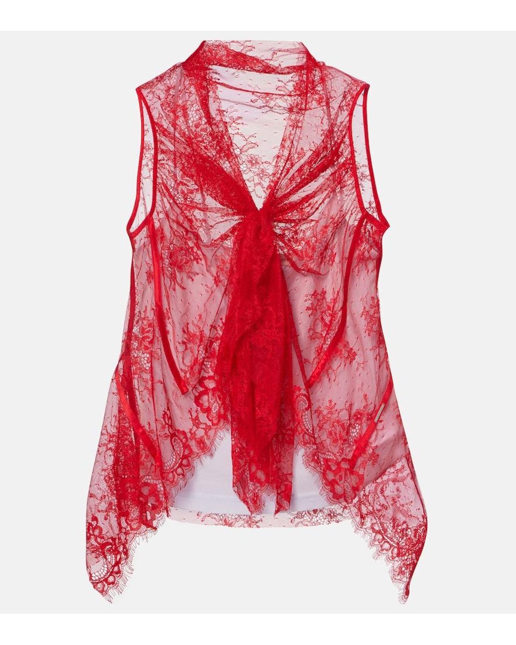 JACQUES WEI Red Tie-Neck Silk-Trimmed Lace Top