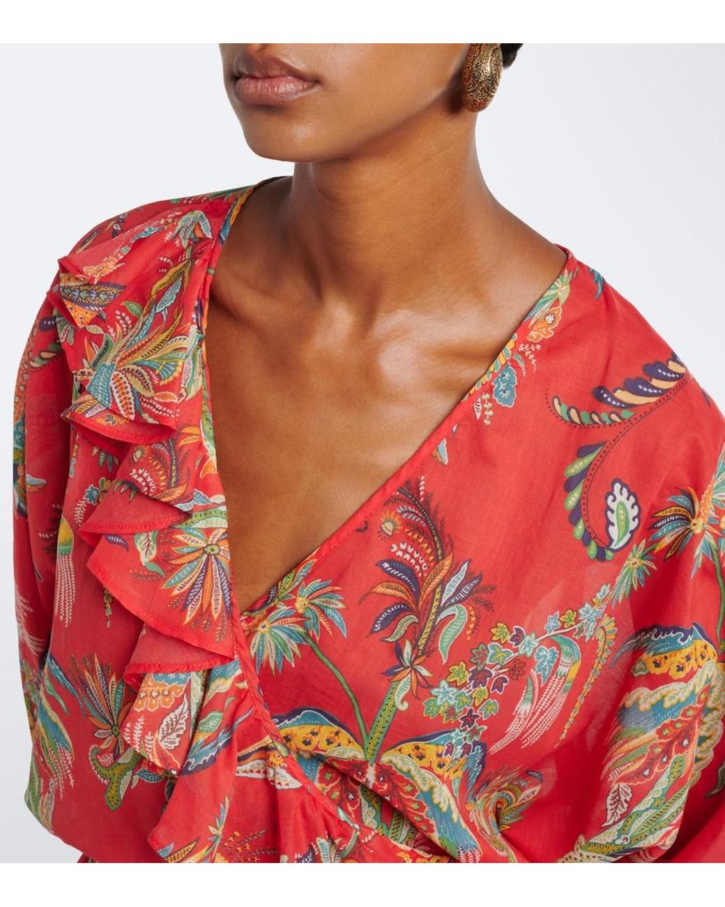 Etro Red Floral Cotton Wrap Top