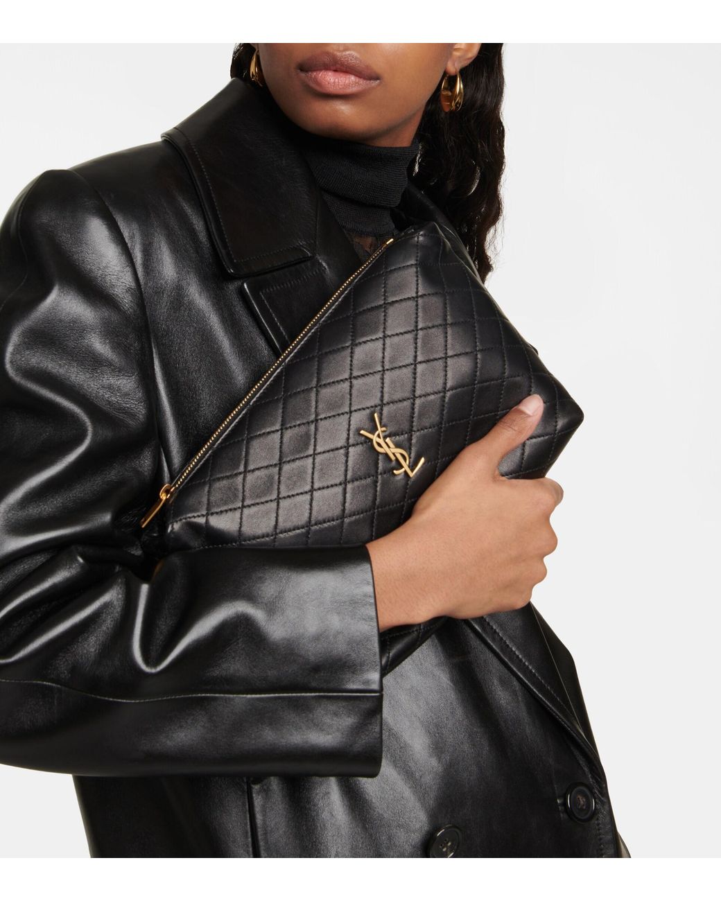 Saint Laurent Gaby Monogram-plaque Quilted-leather Pouch in Gray