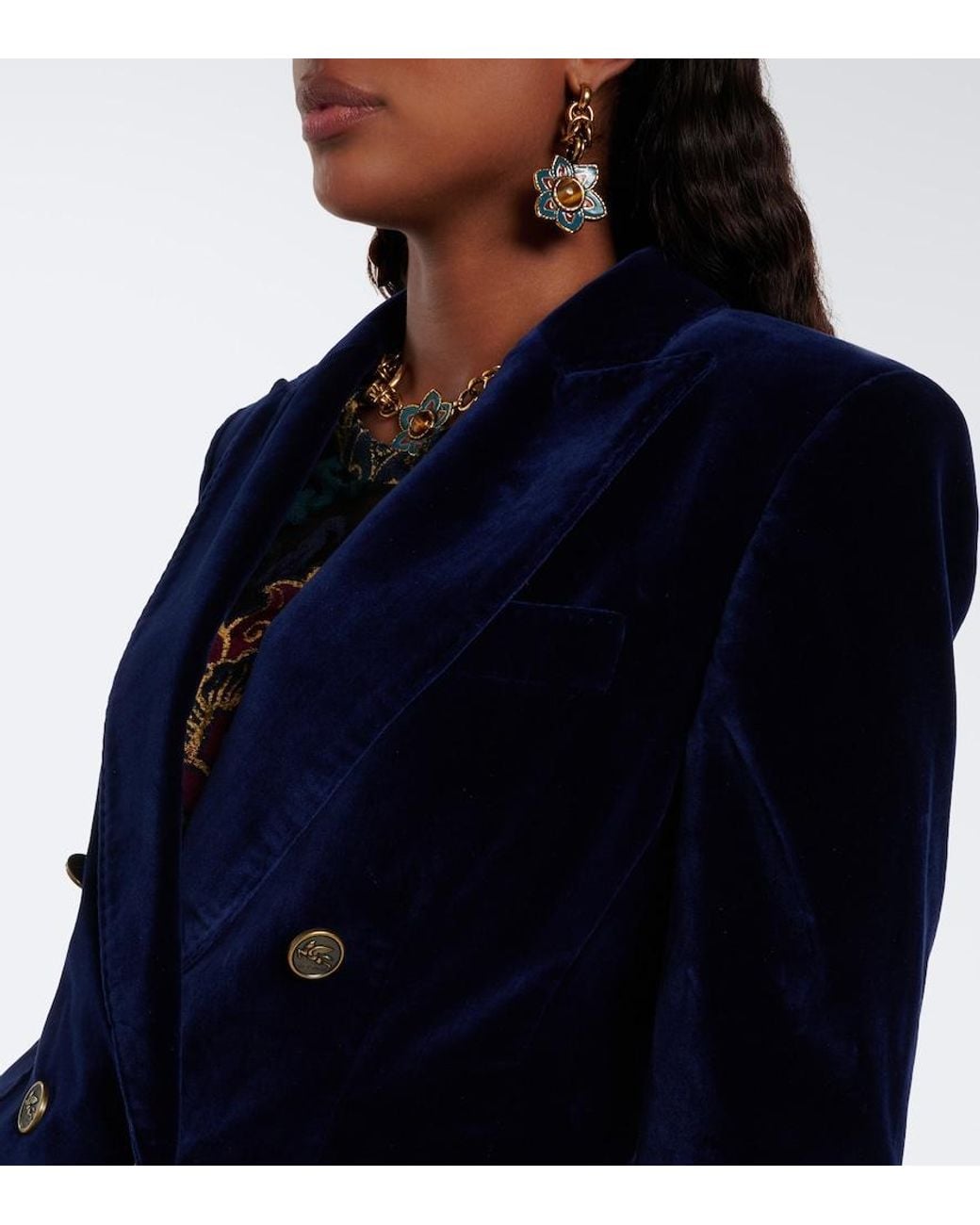 Etro Blue Double-Breasted Cotton Velvet Blazer