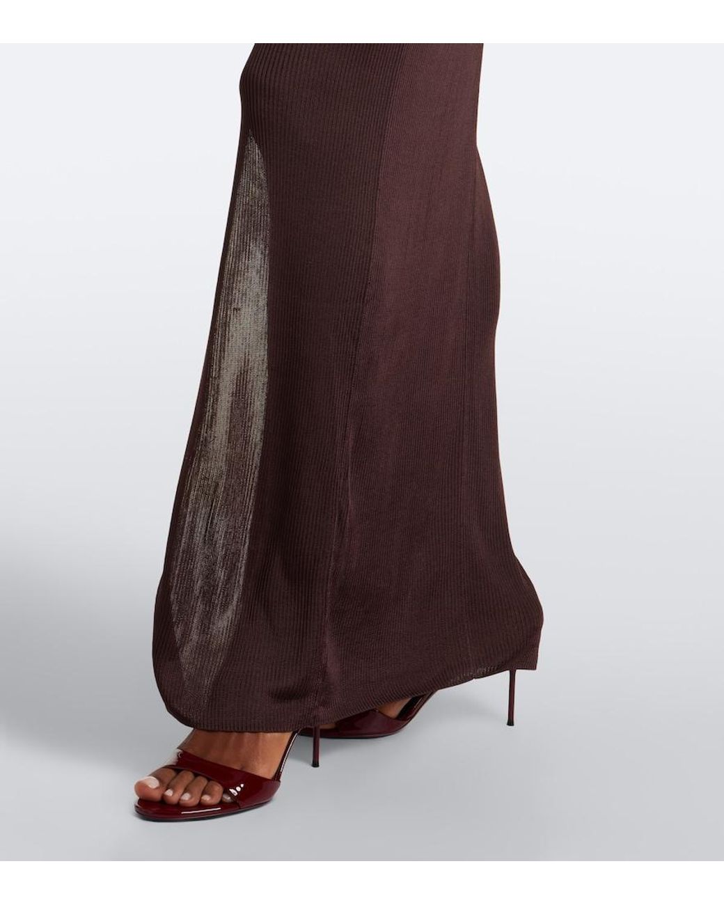 De La Vali Brown Elisia Ribbed-Knit Ruched Maxi Dress