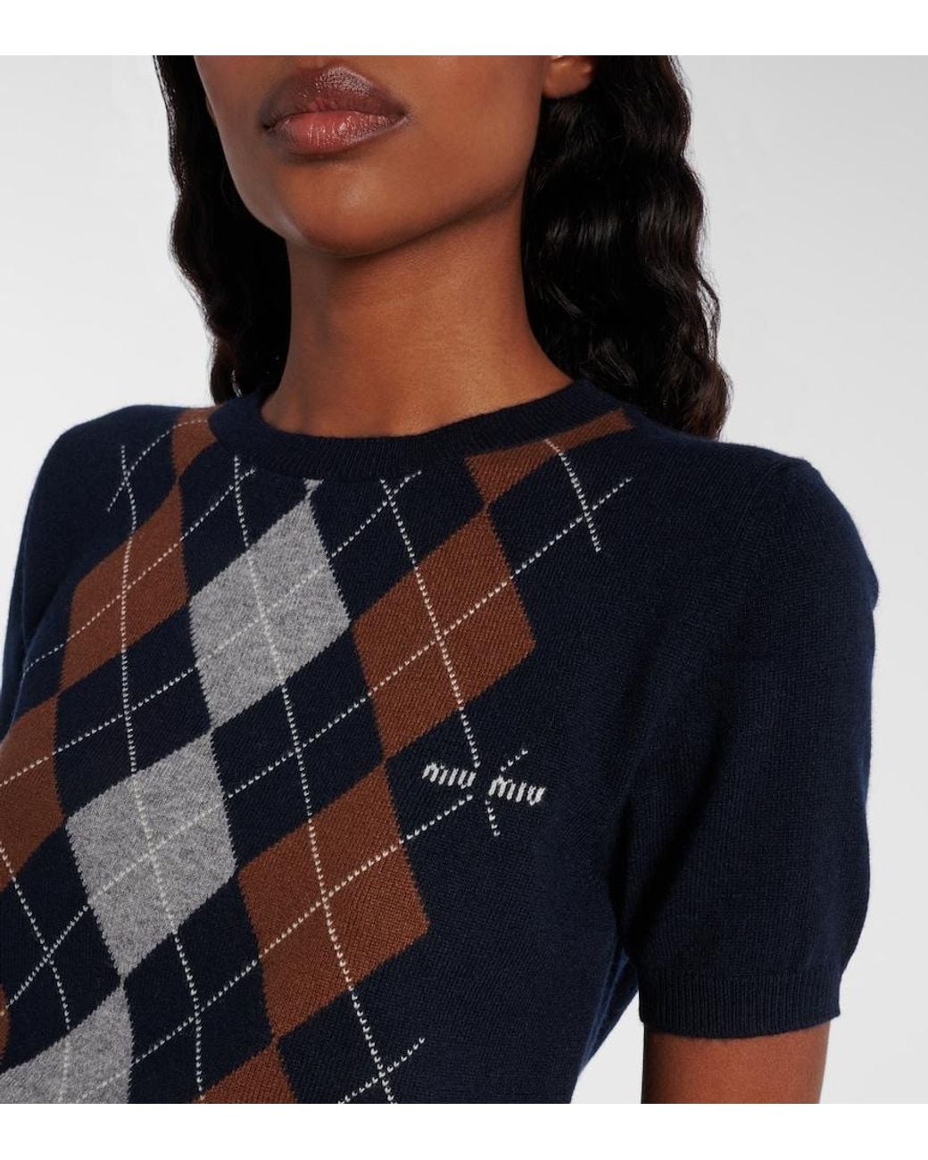 Miu Miu Blue Argyle Knitted Cashmere Top