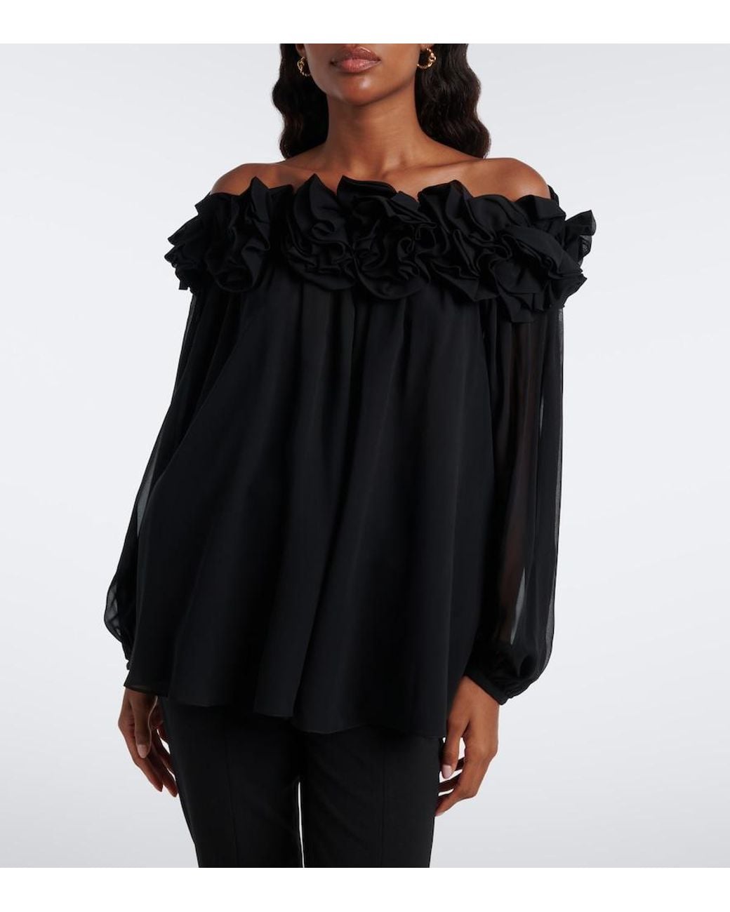 Carolina Herrera Black Floral-Applique Gathered Silk Top
