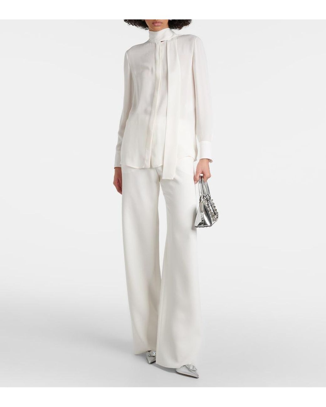 Valentino Garavani White Bow-Tie Neck Silk Georgette Blouse