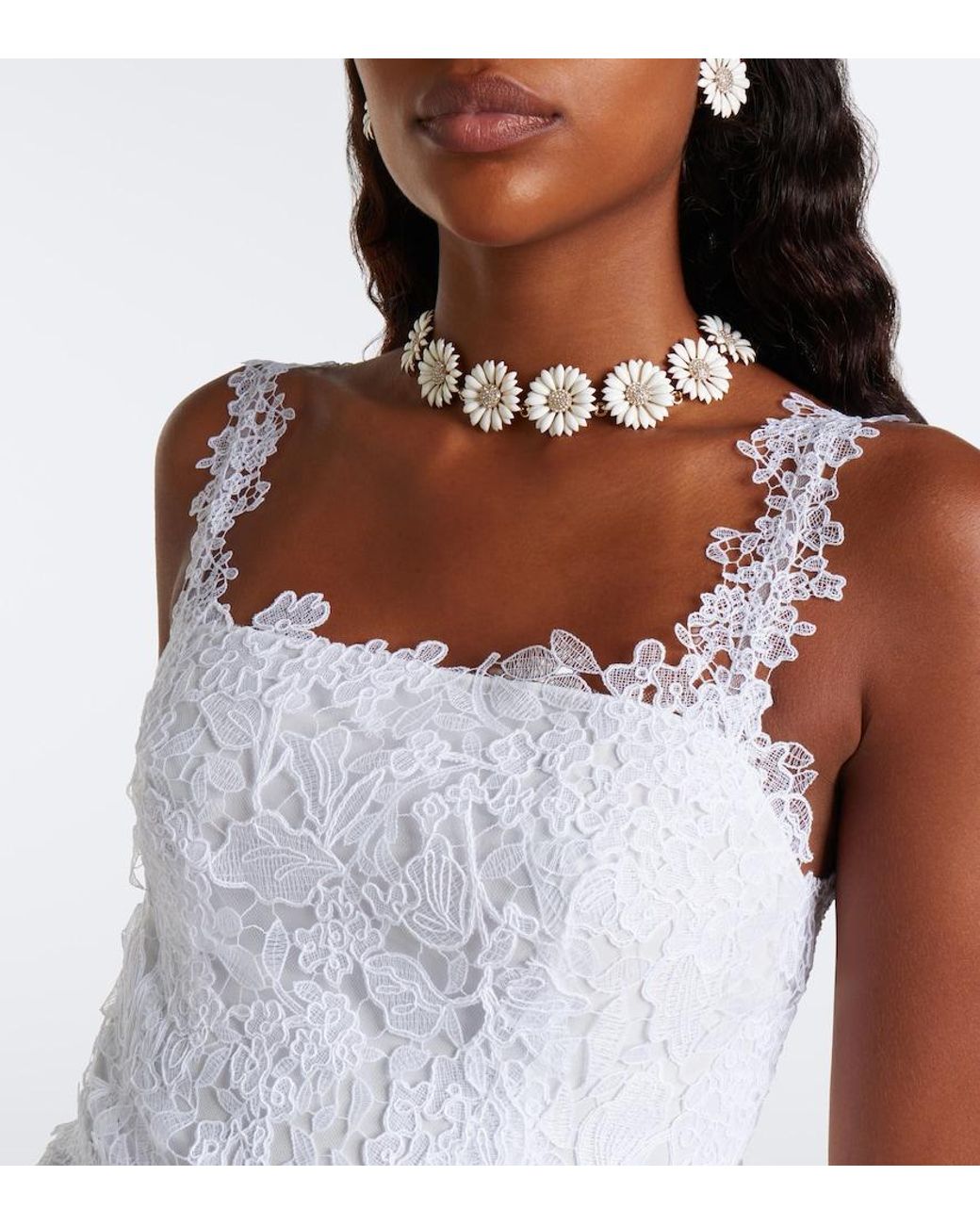 Carolina Herrera White Floral Guipure Lace Midi Dress