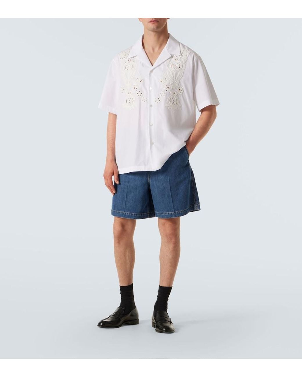 Valentino Garavani White Embroidered Cotton Poplin Bowling Shirt for men