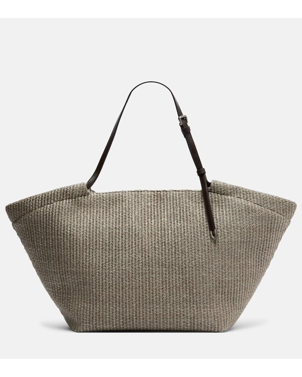 Brunello Cucinelli Gray Leather-Trimmed Raffia Tote Bag