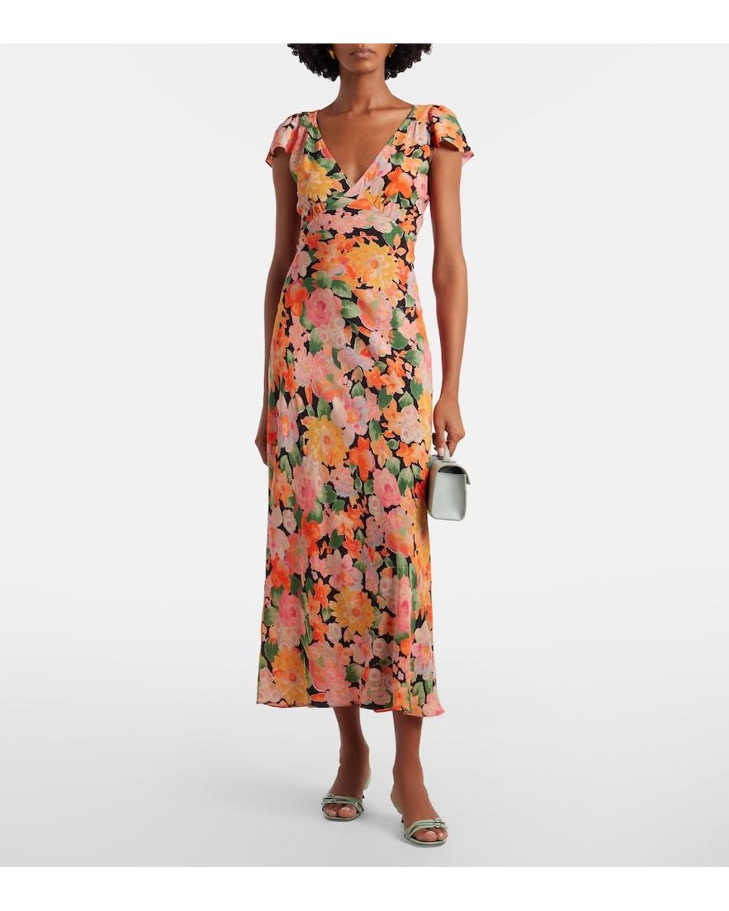 Rixo Metallic Cathy Floral Crepe Midi Dress