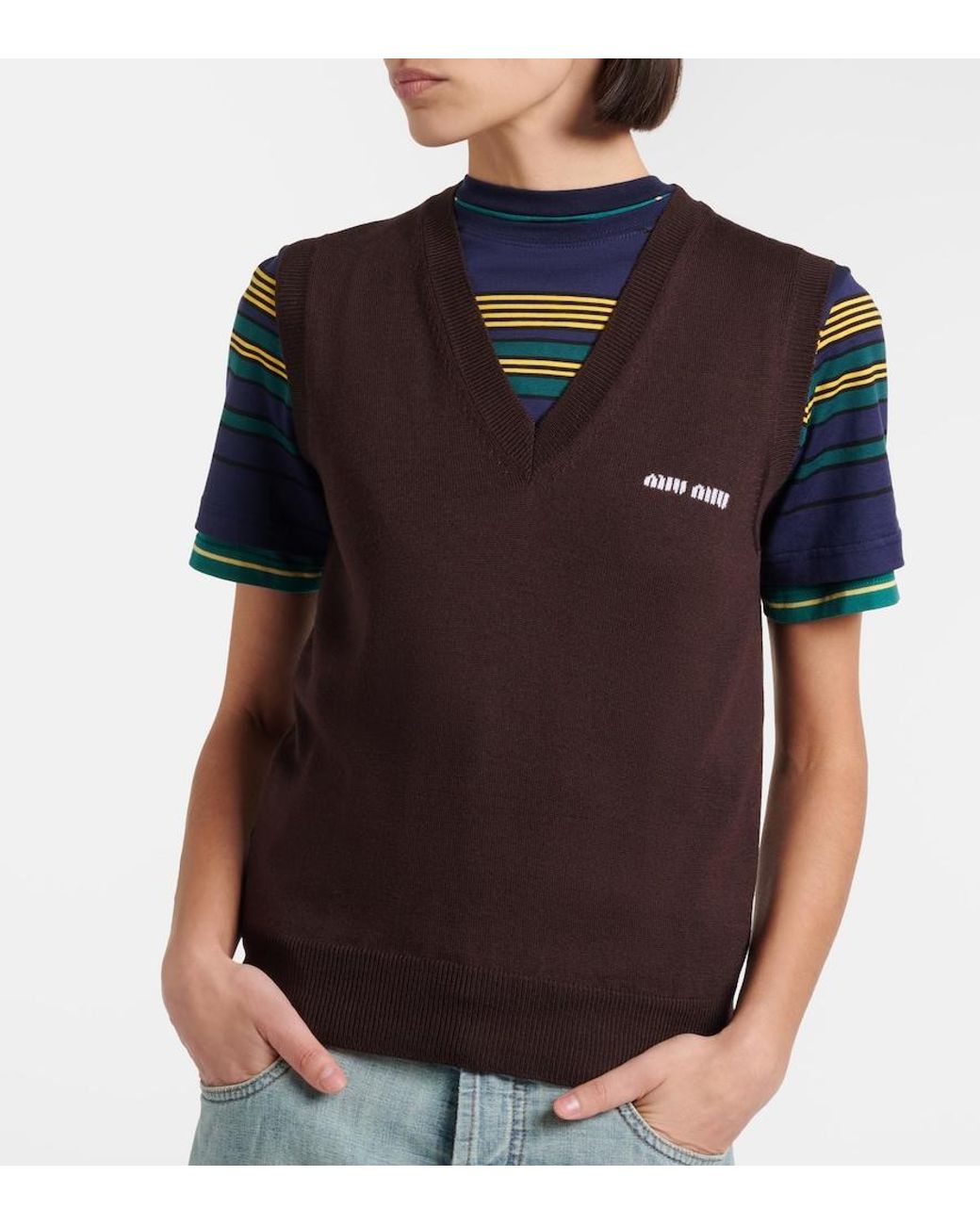 Miu Miu Brown Logo Virgin Wool Sweater Vest