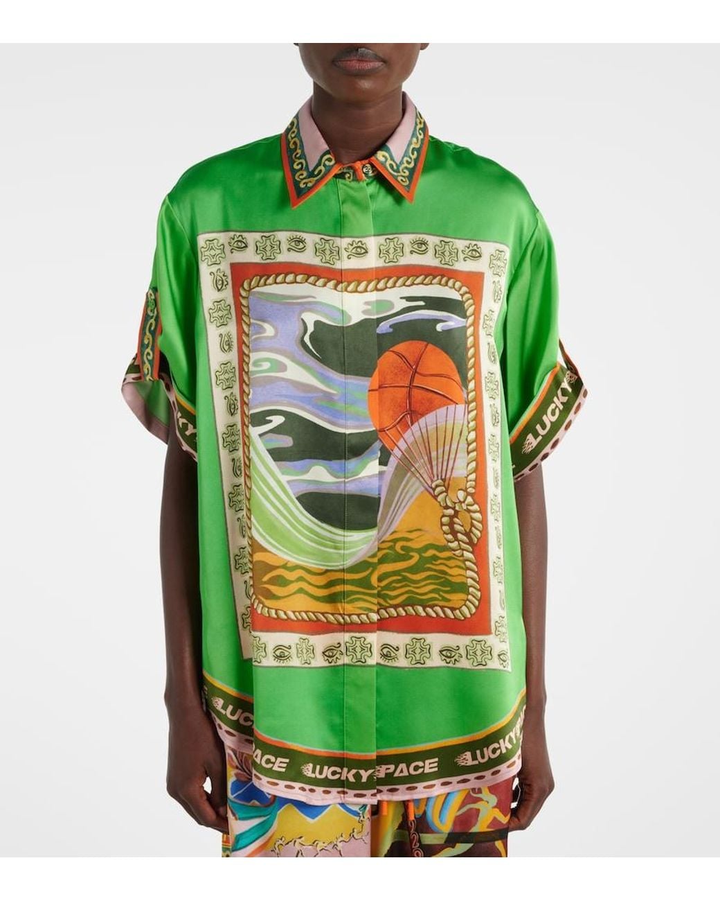 ALÉMAIS Green Lucky Pace Printed Silk Shirt