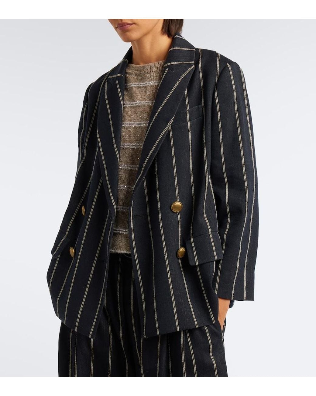 Brunello Cucinelli Blue Striped Cotton And Linen Blazer