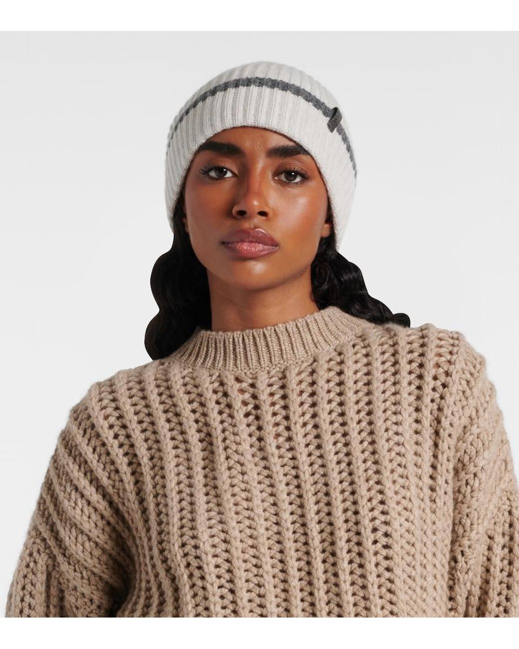 Brunello Cucinelli Natural Contrast Cashmere Beanie