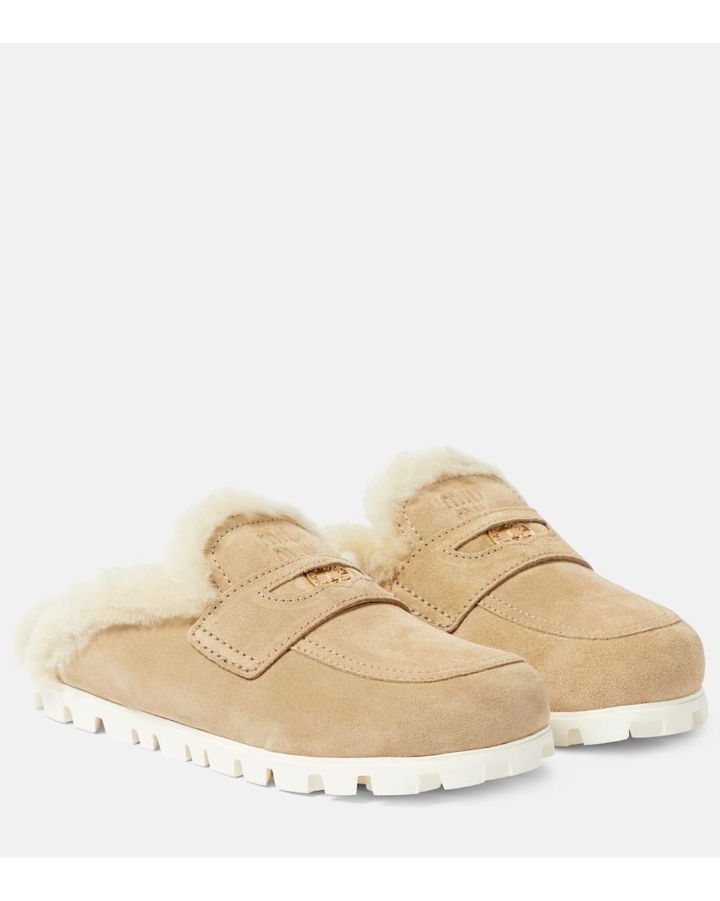 Miu Miu Natural Shearling-Lined Suede Slippers