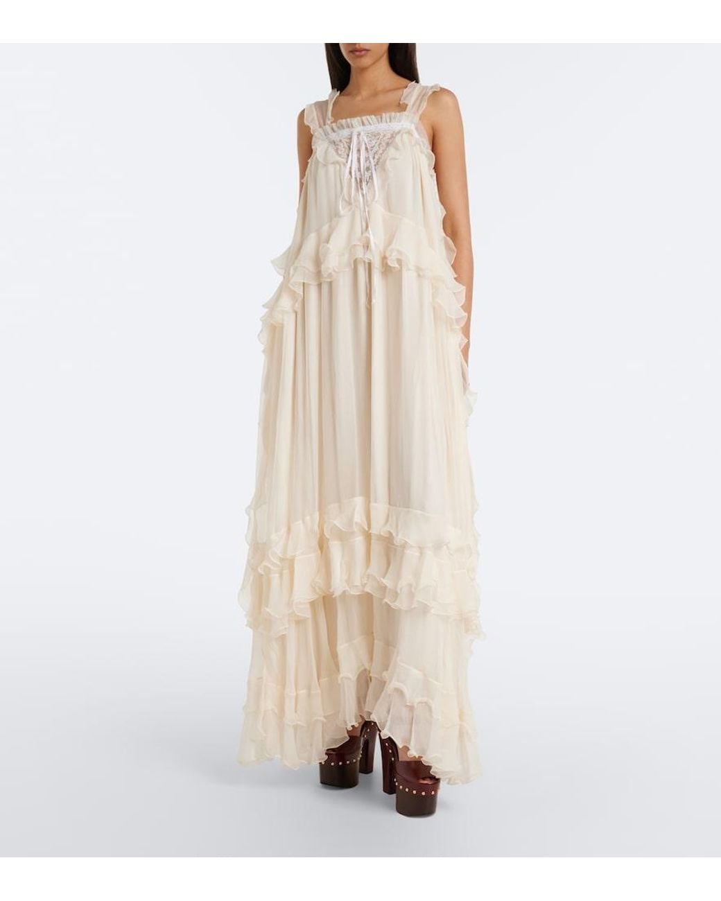 Chloé White Ruffled Silk Muslin Maxi Dress