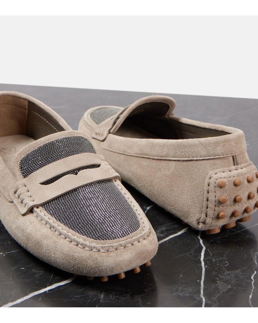 Brunello Cucinelli Natural Bead-Embellished Suede Loafers