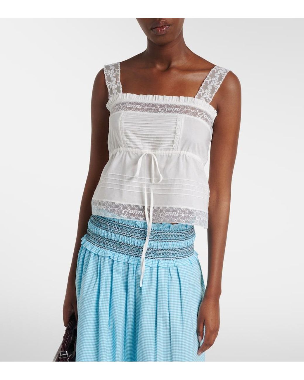 Ganni White Lace-Trimmed Ruffled Cotton Crop Top