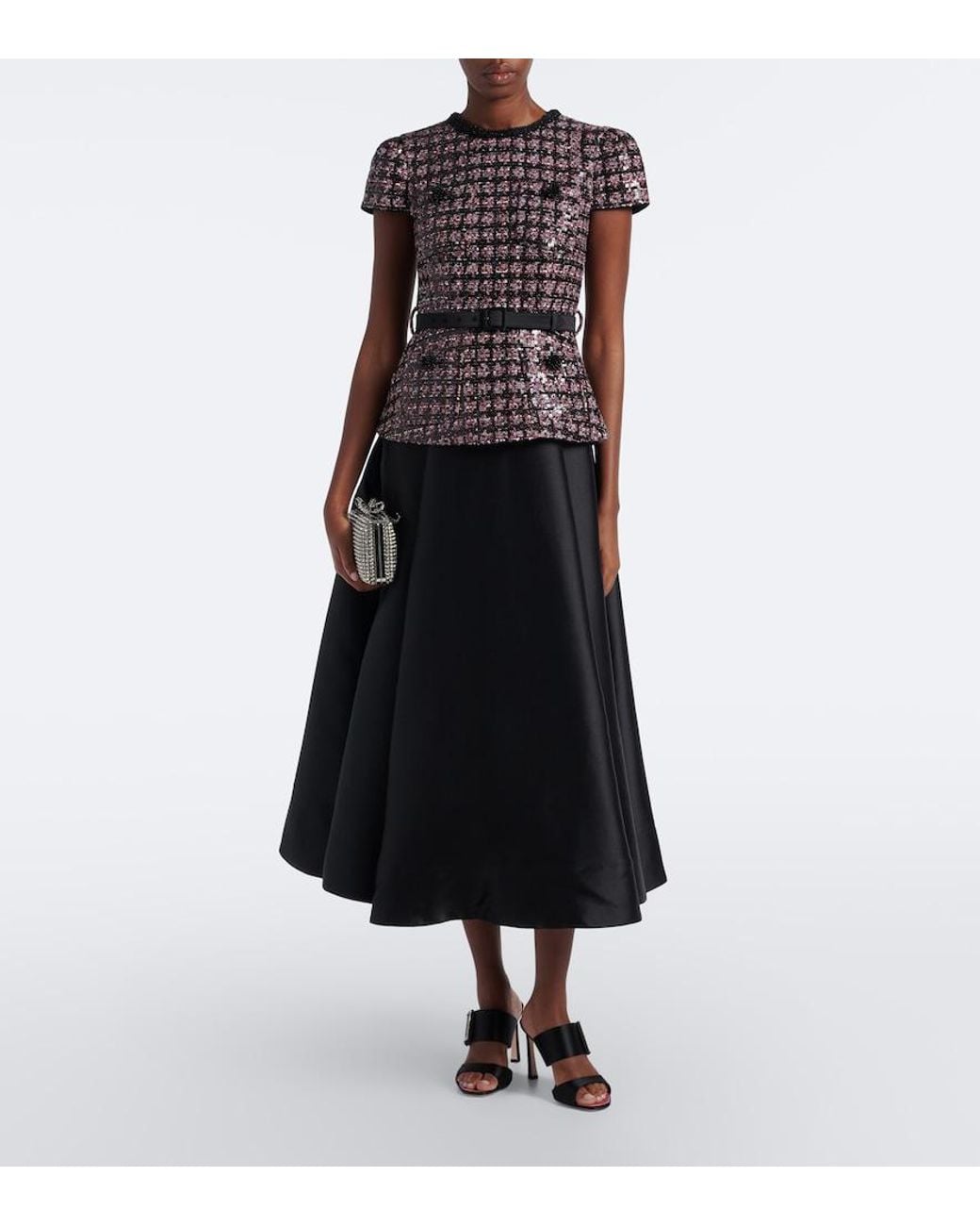 Self-Portrait Black Sequined Boucle And Taffeta Midi Dress