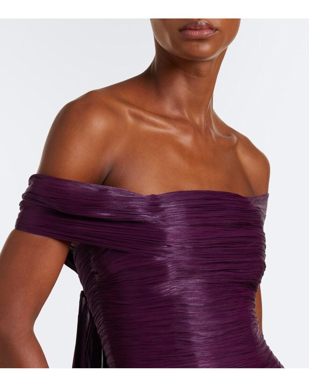 Marmar Halim Purple Pleated Off-Shoulder Bustier Gown