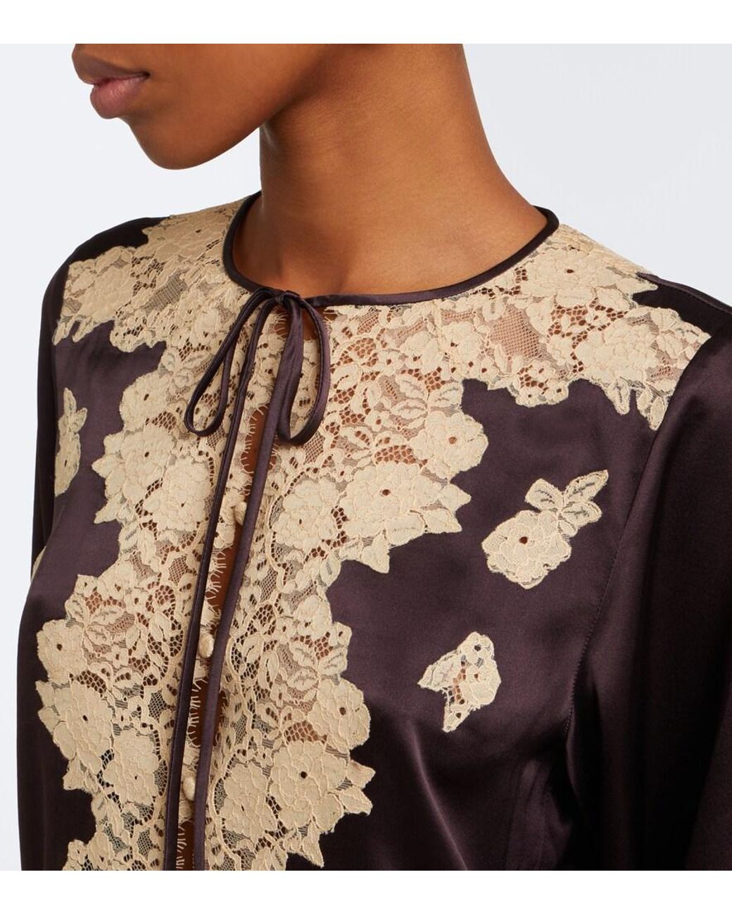 Doen Black Lucine Lace-Trimmed Silk Satin Blouse