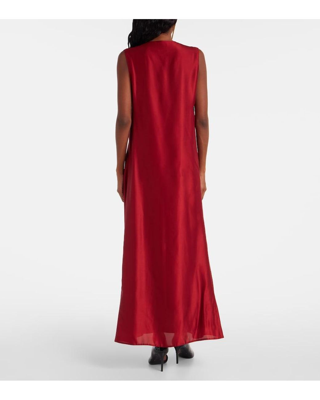Khaite Red Syd Pleated Satin-Twill Midi Dress