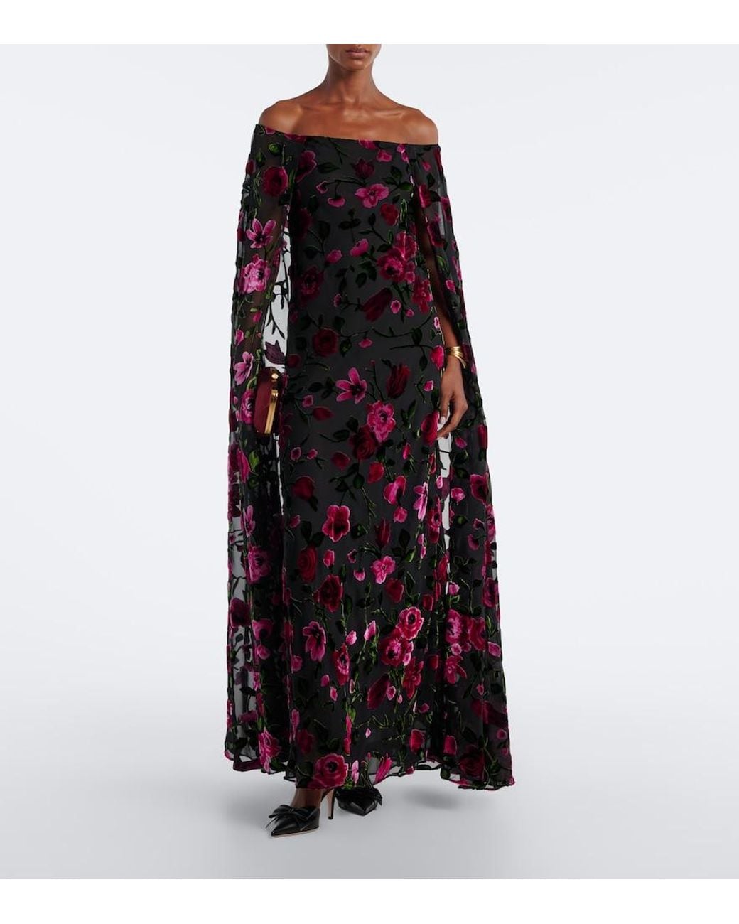 Rodarte Red Caped Floral Devore Velvet Gown
