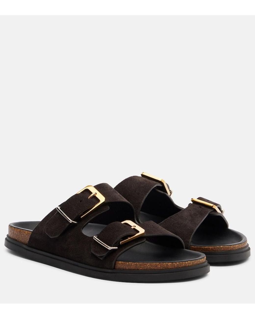 The Row Black Buckle Suede Slides