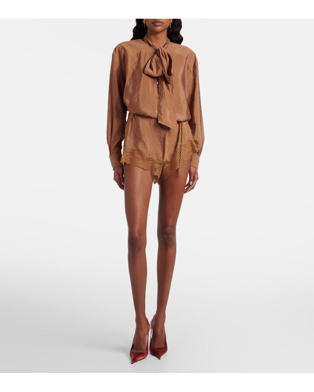 Saint Laurent Brown Lace-Trimmed Tie-Neck Romper
