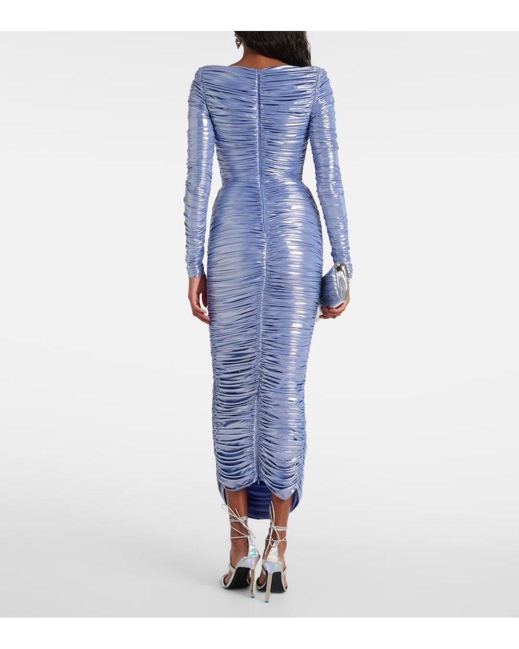 Alex Perry Blue Ruched Lame Midi Dress