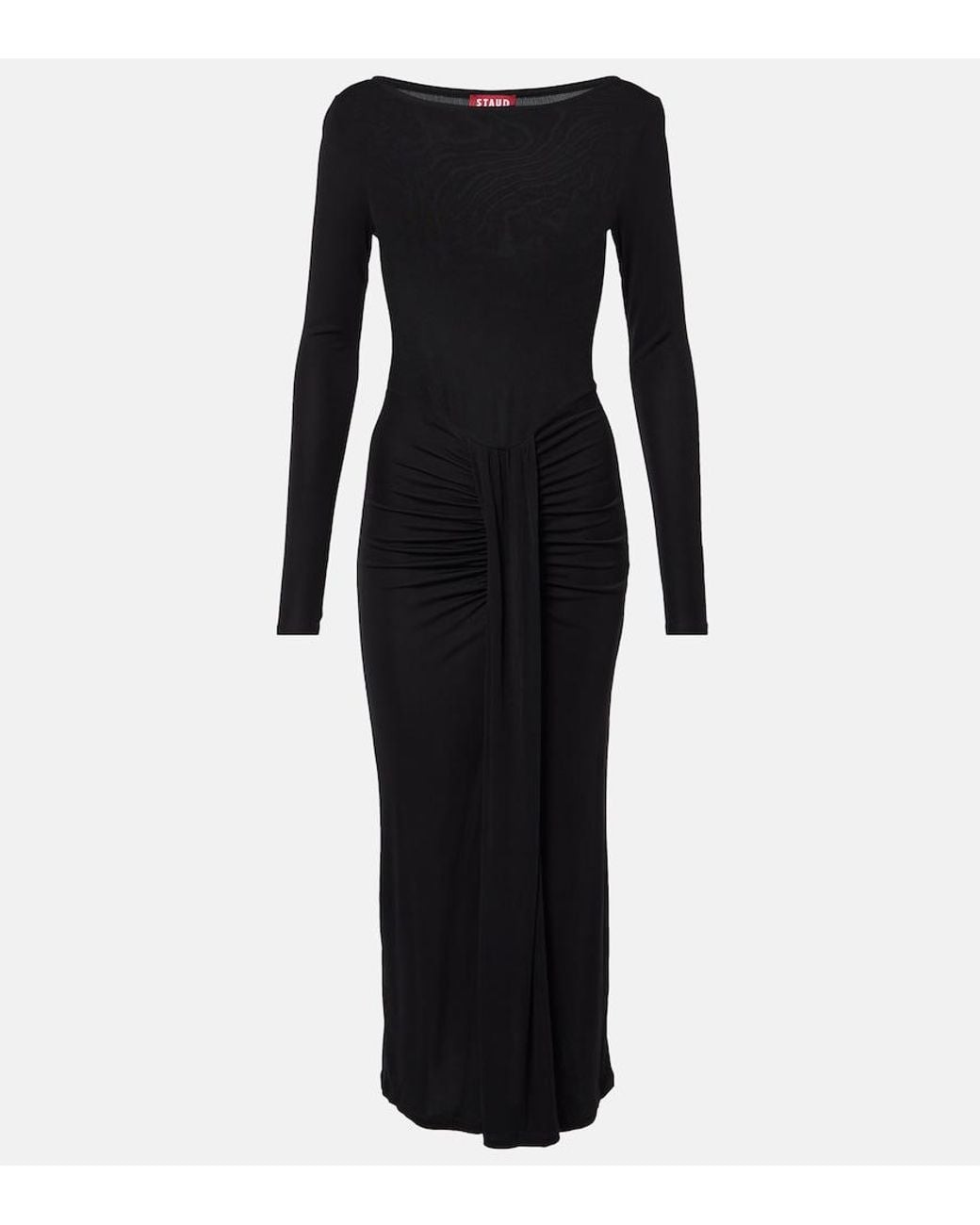 Staud Black Ruched Jersey Midi Dress