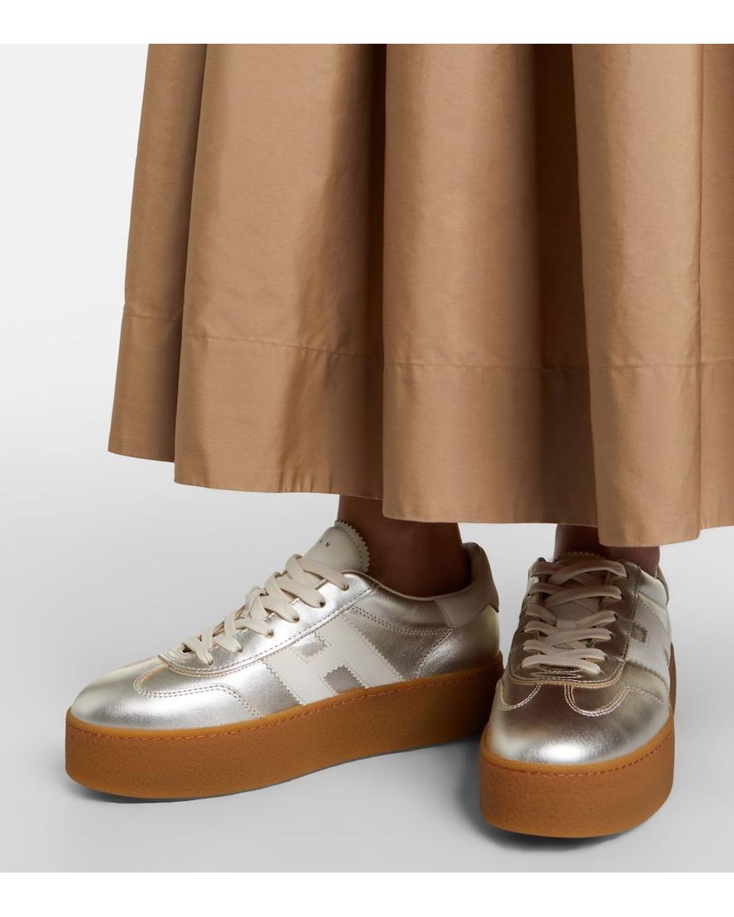 Hogan White H698 Metallic Leather Platform Sneakers