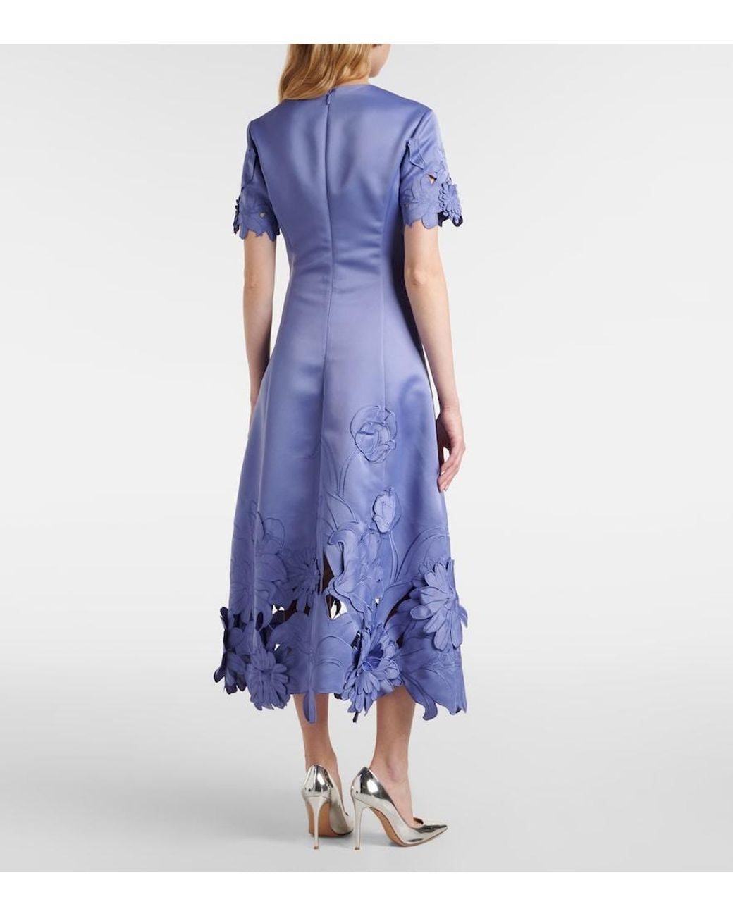 LEO LIN Blue Caroline Floral-Applique Satin Midi Dress