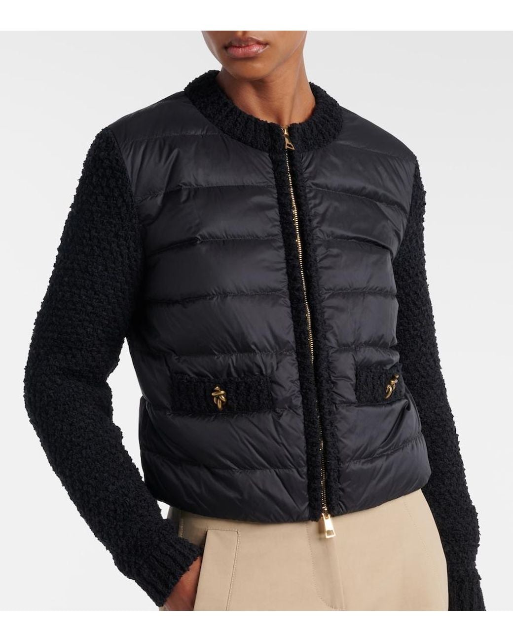 Moncler Black Down-Paneled Boucle-Trimmed Zip-Up Cardigan