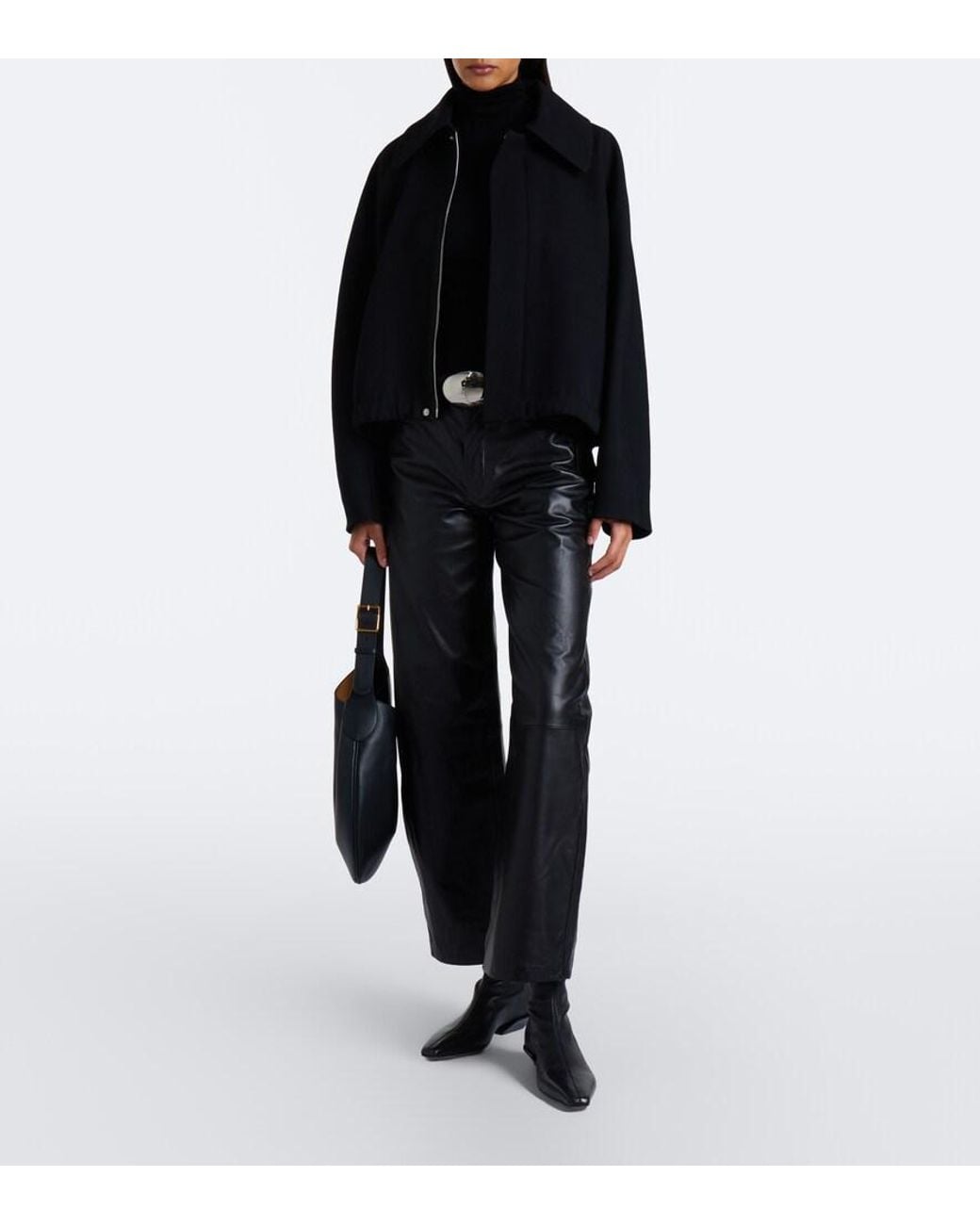 Nili Lotan Black Tribeca Leather Barrel-Leg Pants