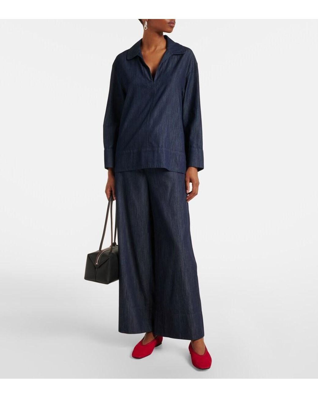 Max Mara Blue Jour Cotton Chambray Wide-Leg Pants