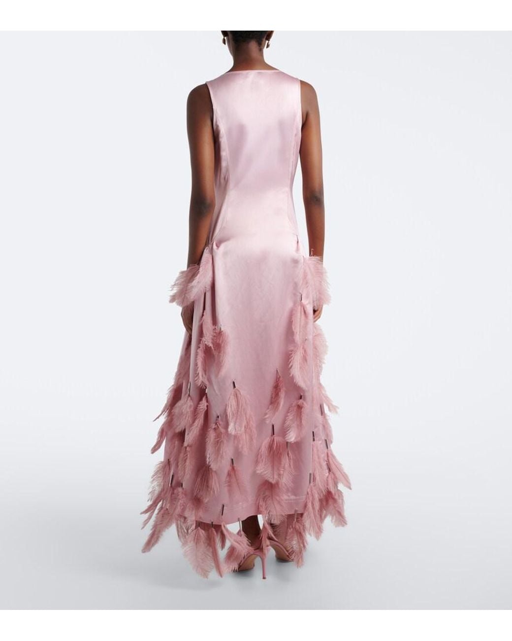 JACQUES WEI Pink Feather-Trimmed Satin Gown